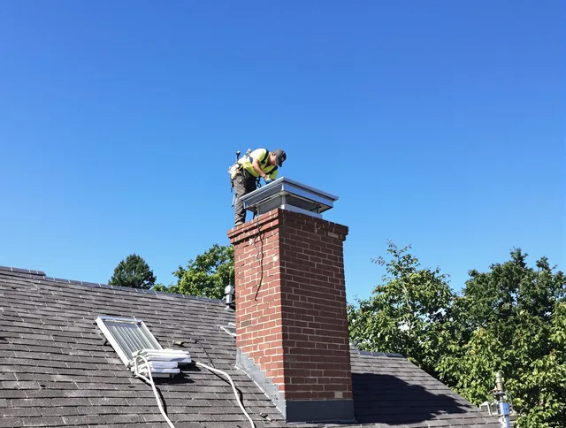 Fort Collins Chimney Sweep technician measuring a chimney cap in Fort Collins, CO